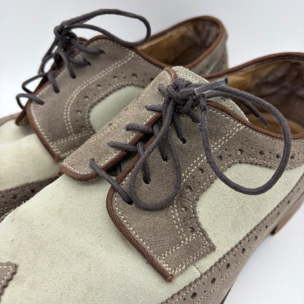 Johnston & Murphy Mens 13 Suede Wingtip Oxford Shoes Taupe Cream Brogue Preppy - Picture 9 of 11